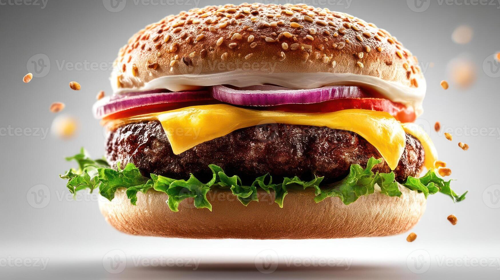 Delicious burger with fresh ingredients and sesame seeds. photo
