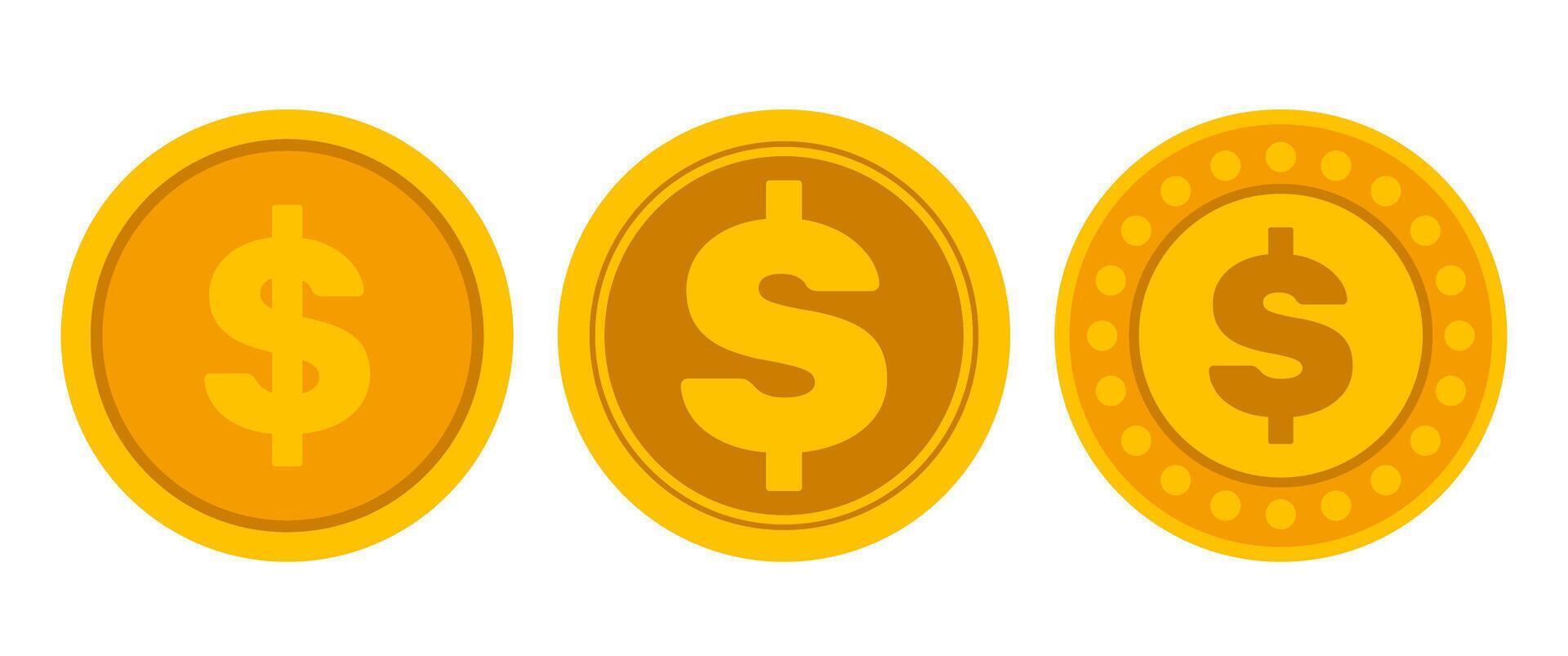 Dollar Coin Set, Flat Style Gold Money Icons Collection for Finance App, Game UI, Virtual Currency, and Economy Design Projects, Editable vector