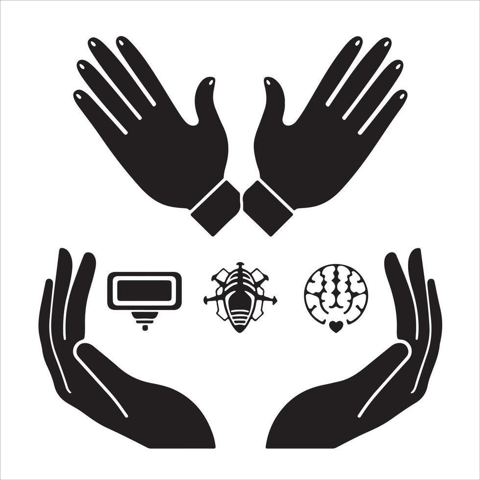 Hands holding a computer, a brain and a heart vector