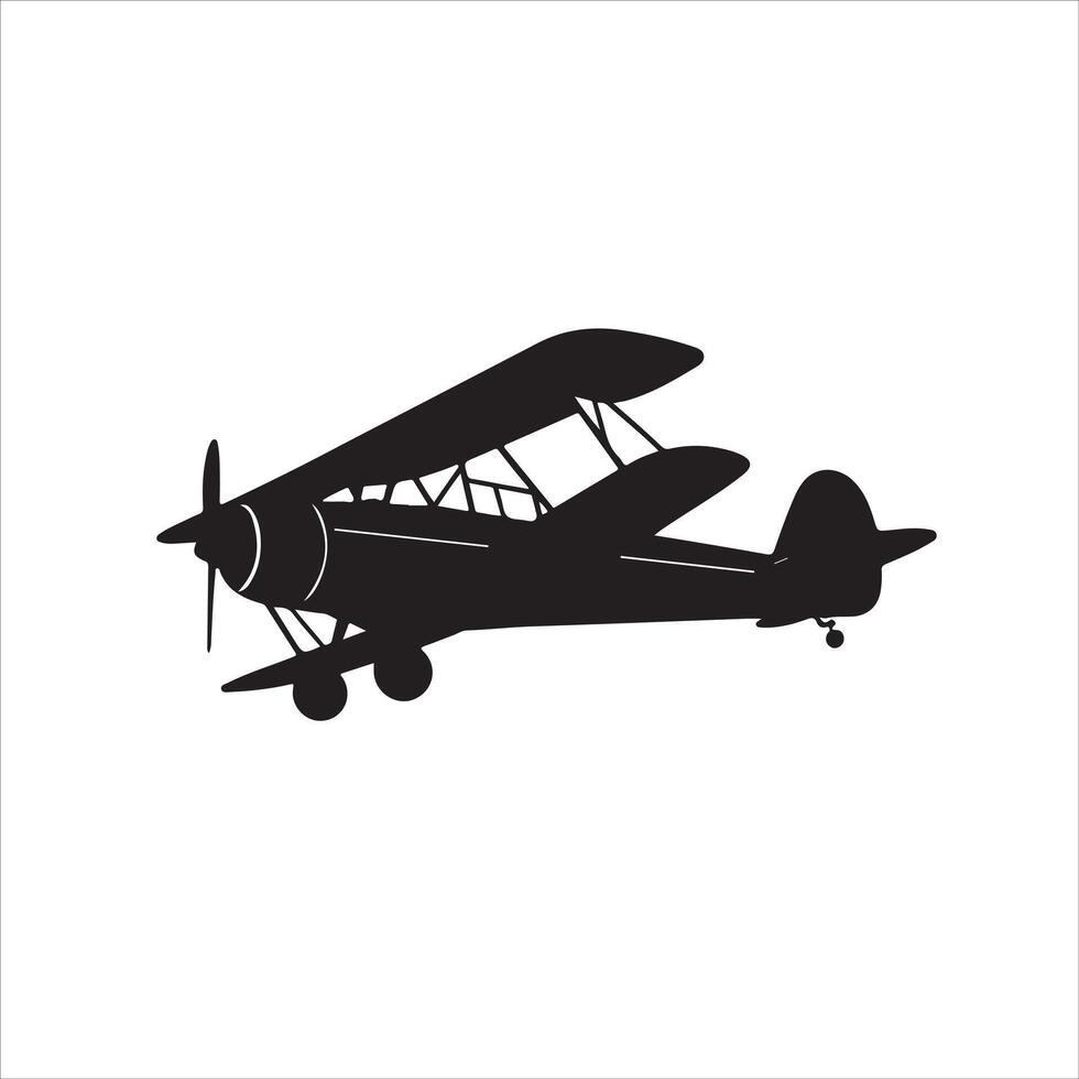 A black and white illustration of a small airplane vector