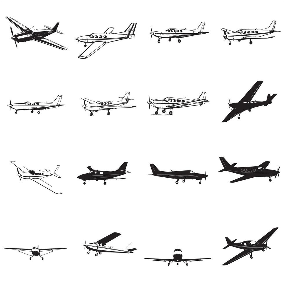 Airplane icons set, black and white illustration vector
