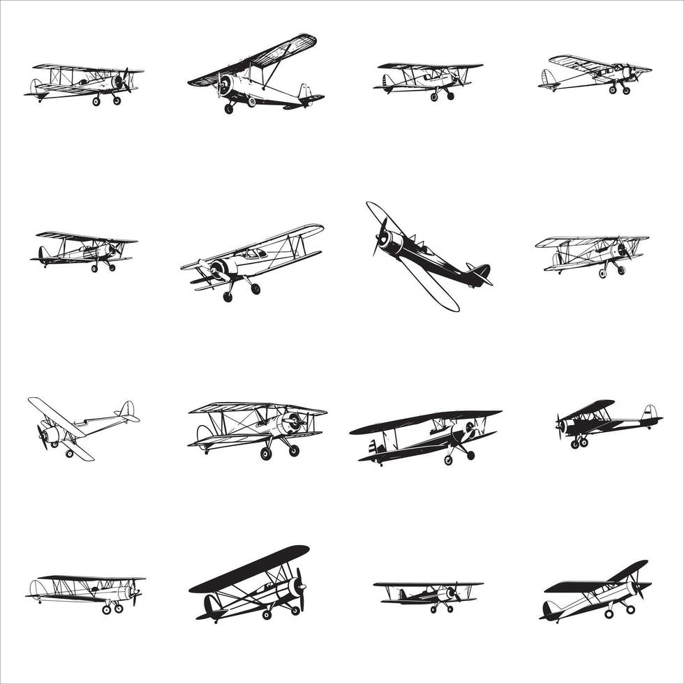 A set of different types of planes, including a biplane vector