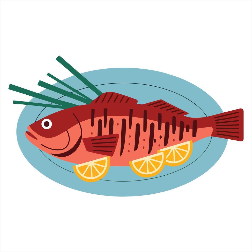 Grilled fish with rosemary and lemon, roast dorado . Perfect for seafood menus, cooking recipes, and culinary illustrations. vector
