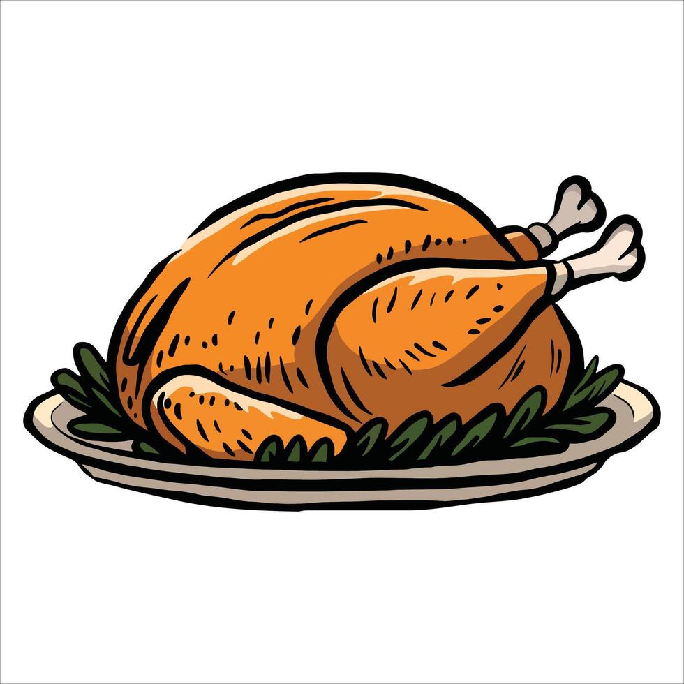 Roasted whole chicken on a plate, digital illustration. Perfect for culinary content, recipe books, and cooking themes. vector