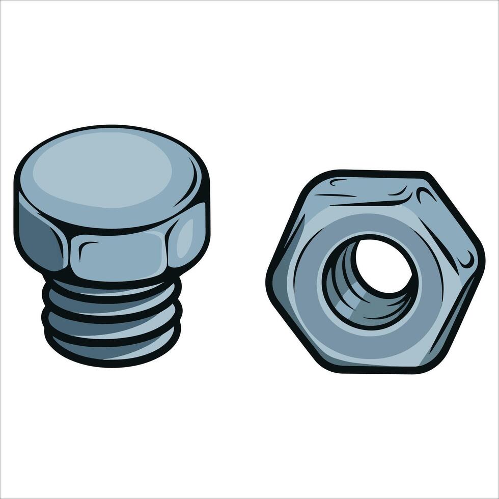 Bolt and nut cartoon , isolated on white. Ideal for hardware manuals, mechanic tools, and industrial designs. vector