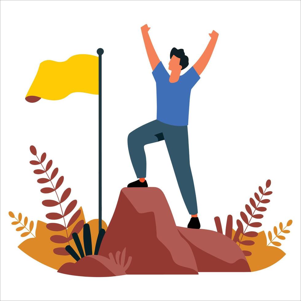 Happy man celebrating achievement at summit. Goal accomplishment in cartoon flat style. vector