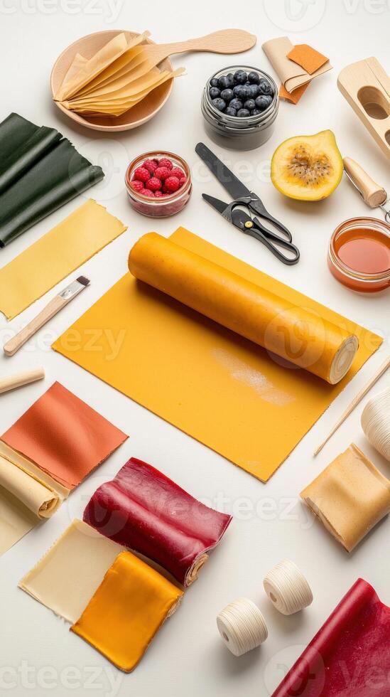 Various types of pasta and other food items laid out on a table photo