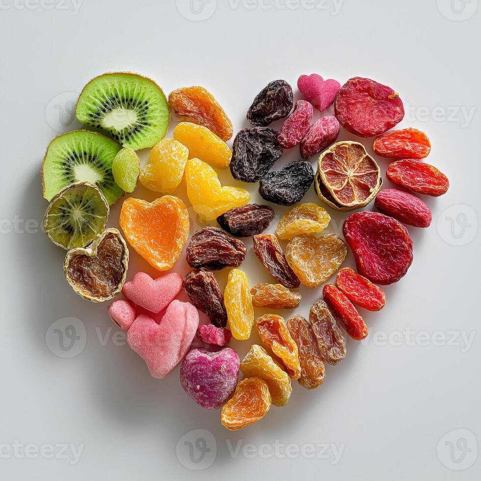 A heart shaped arrangement of fruit and vegetables photo
