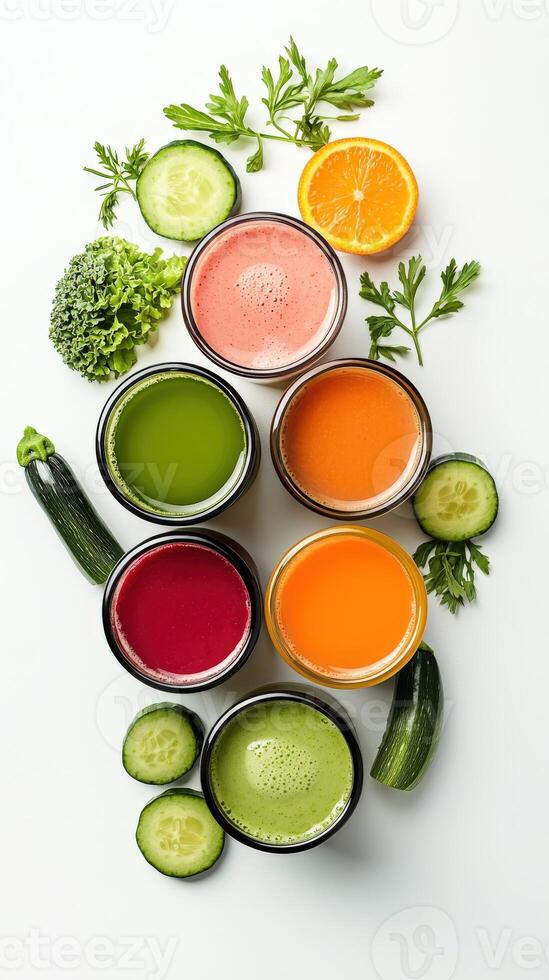 A variety of juices and vegetables arranged in bowls photo