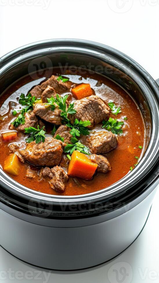 Beef stew in a slow cooker photo