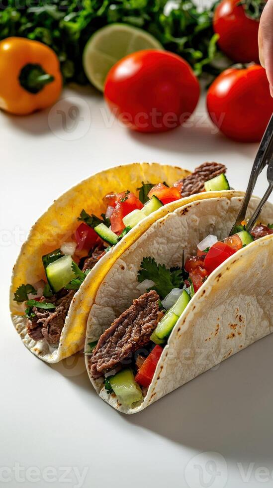 A person holding a fork over two tacos on a table photo