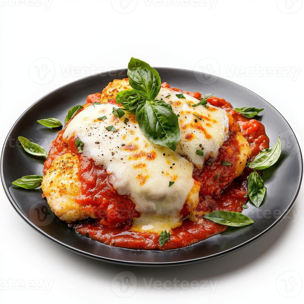 Chicken parmesan with tomato sauce and basil on a black plate photo