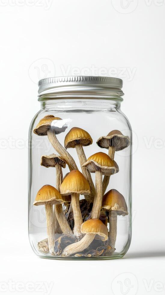 Mushrooms in a jar on a white background photo