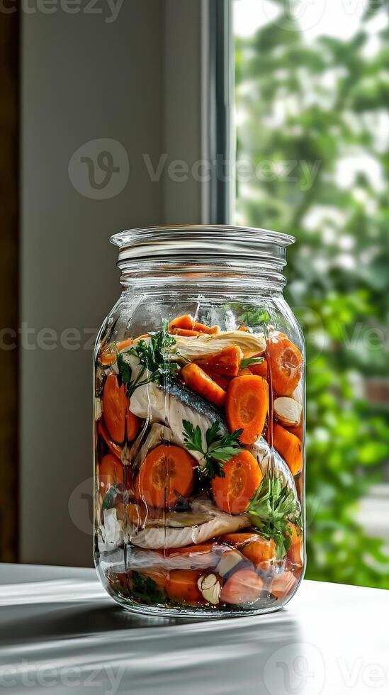 A jar filled with carrots and fish photo