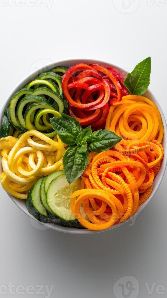 A bowl of colorful vegetables with a basil leaf photo