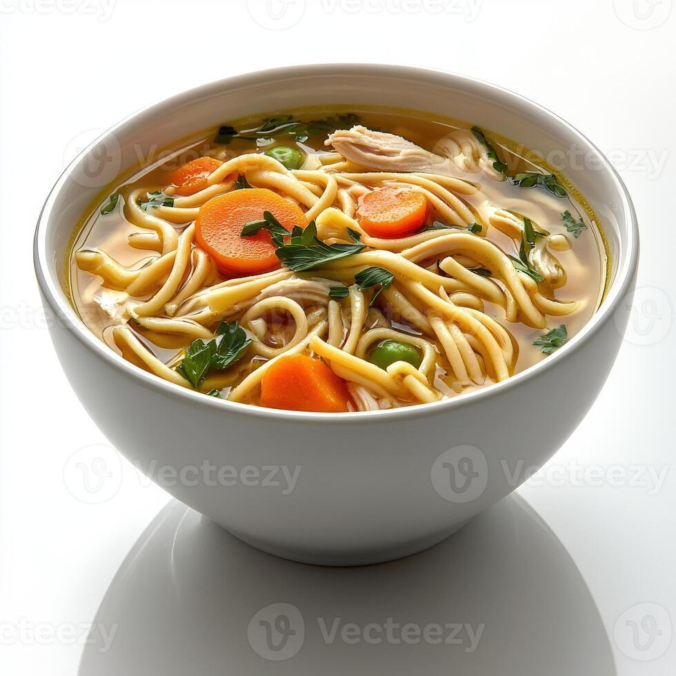 A bowl of noodles and vegetables on a white surface photo