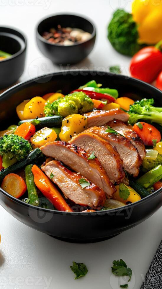 A bowl of chicken, vegetables and other ingredients photo