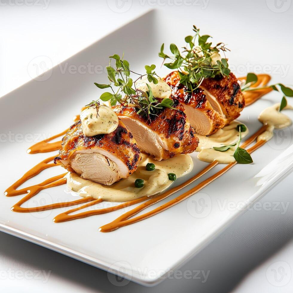 A plate with chicken and sauce on it photo
