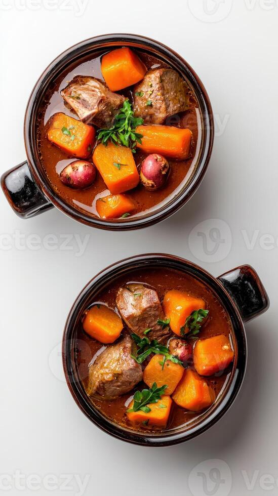 Two bowls of stew with meat and vegetables photo