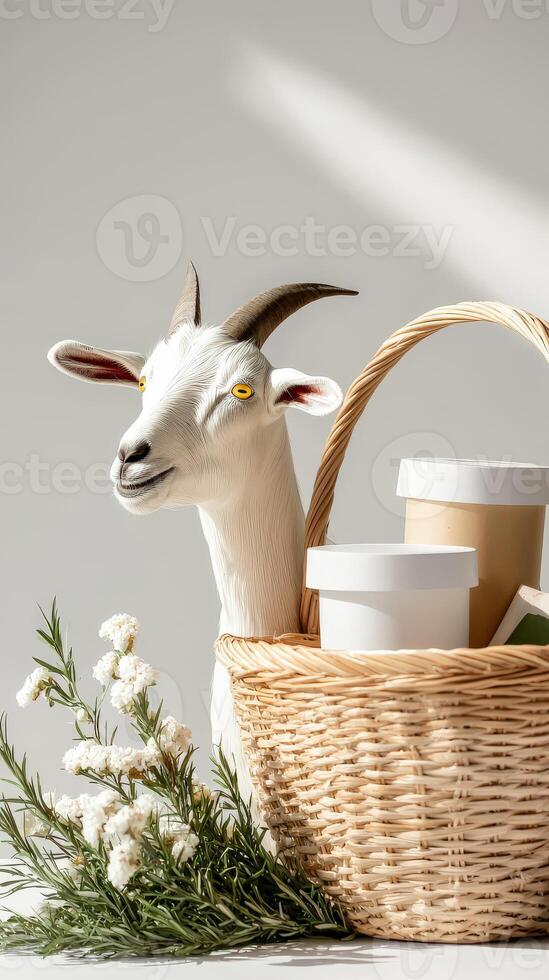A goat is sitting next to a basket with coffee cups photo