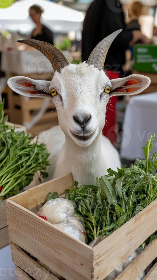 A goat with a basket of vegetables photo