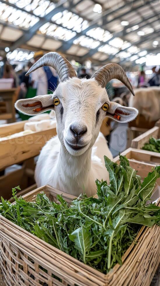 A goat with big horns photo