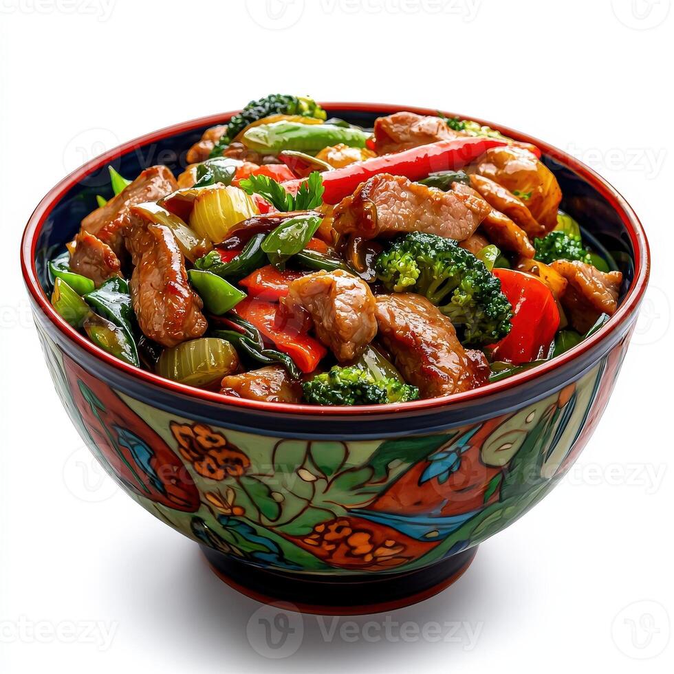 A colorful bowl of food with meat and vegetables photo