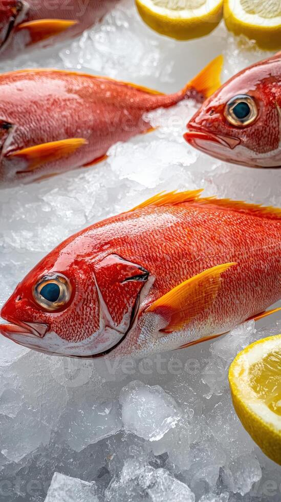 A group of red fish with lemons on ice photo