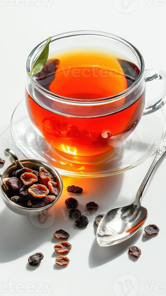 A cup of tea with a spoon and a spoon of black tea on a white background photo
