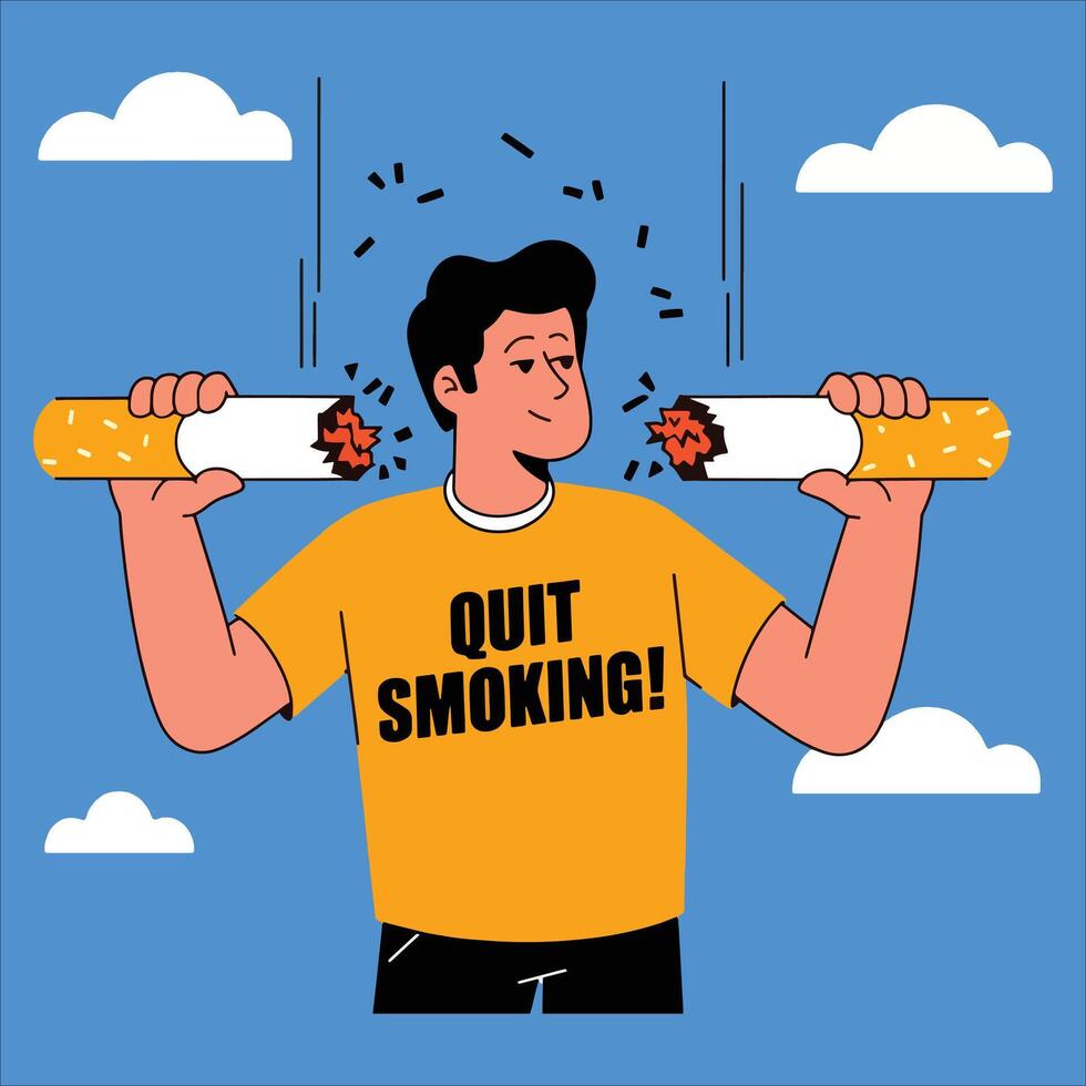 Young guy breaking cigarette. No smoking , ideal for health campaigns and anti tobacco themes. vector