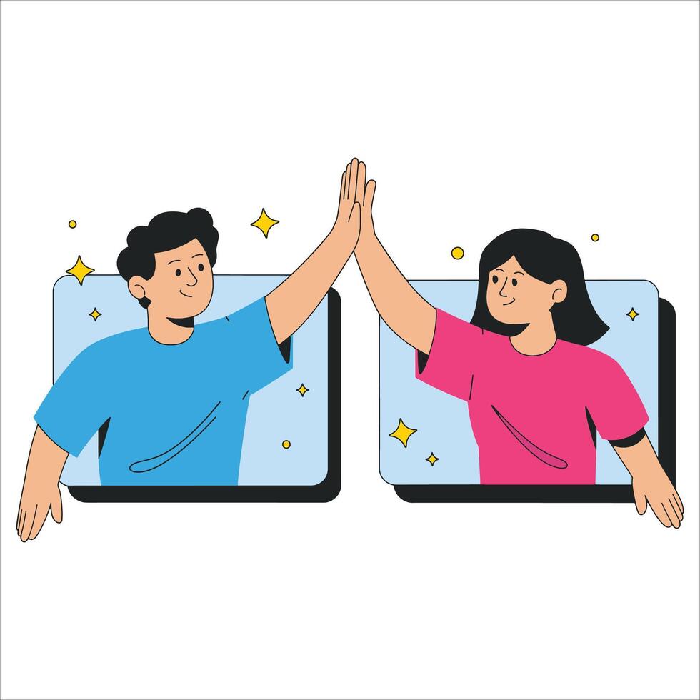 Man and girl high five in call. Online communication , great for social media and remote work themes. vector