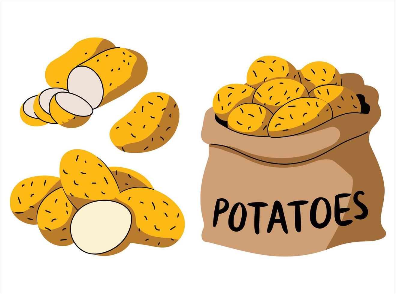 Sack of potatoes with slices illustration. Fresh agricultural product and versatile cooking ingredient artwork for farm and kitchen themes. vector