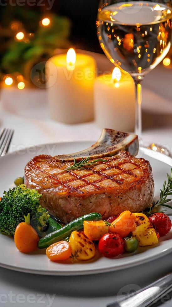 A plate of food with a glass of wine and candles photo