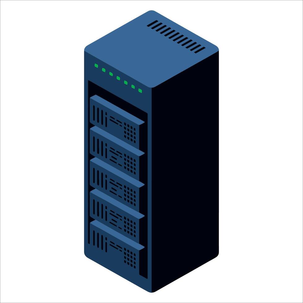 Modern server rack illustration featuring detailed data center setup with computer hardware, network storage, and tech equipment, ideal for IT infrastructure themes. vector