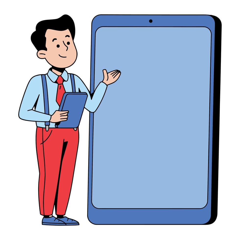 Professional business character holding tablet illustration. Contemporary illustration suited for corporate tech concepts and modern workplace visuals. vector