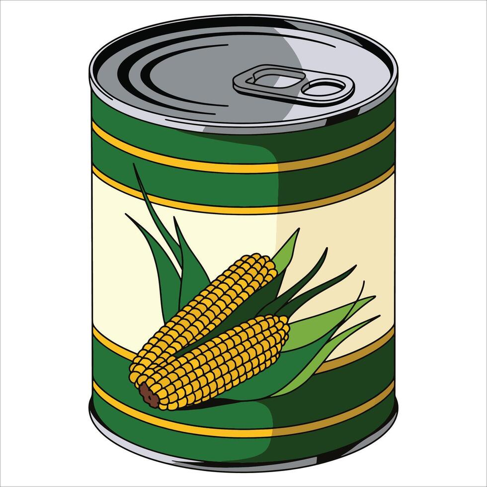 Canned sweet maize in tin can illustration.Corn cob label design showing long term storage food product with vitamin source concept. vector