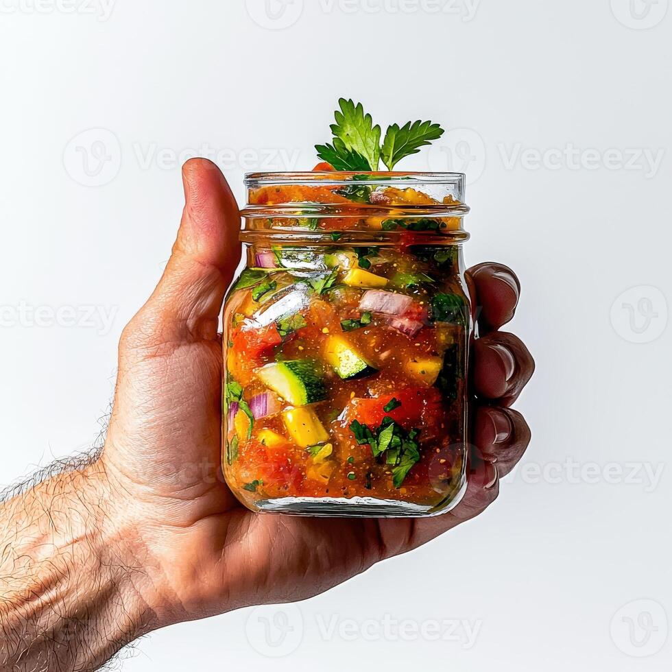 A hand holding a jar of salsa photo