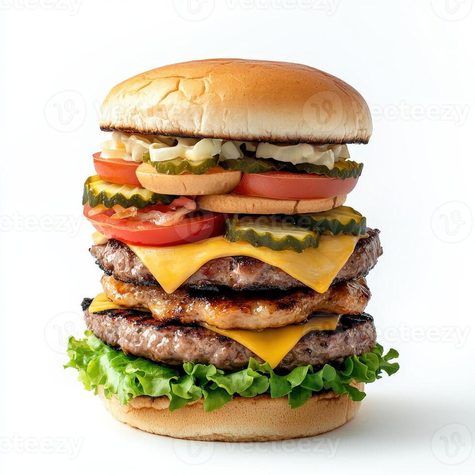 A large hamburger with cheese, tomatoes and lettuce photo