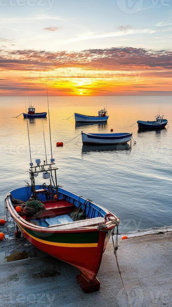A boat is tied to a dock at sunset photo