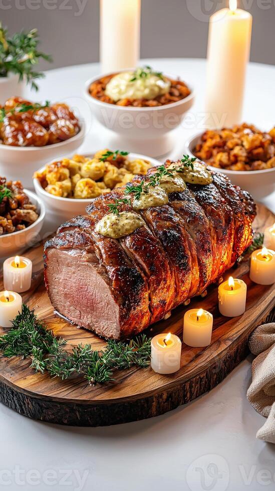 A large roast on a wooden board with many dishes photo