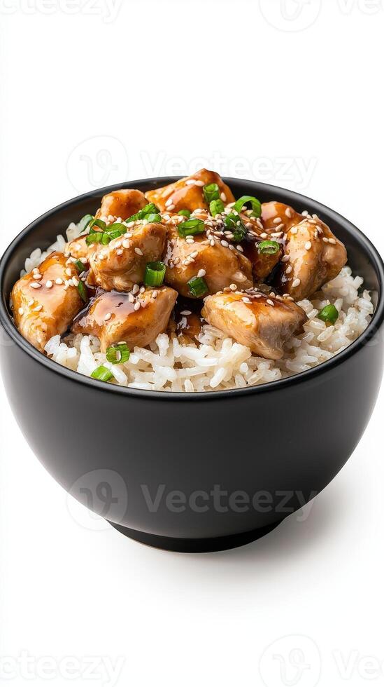 Chicken with rice in a bowl on a white background photo