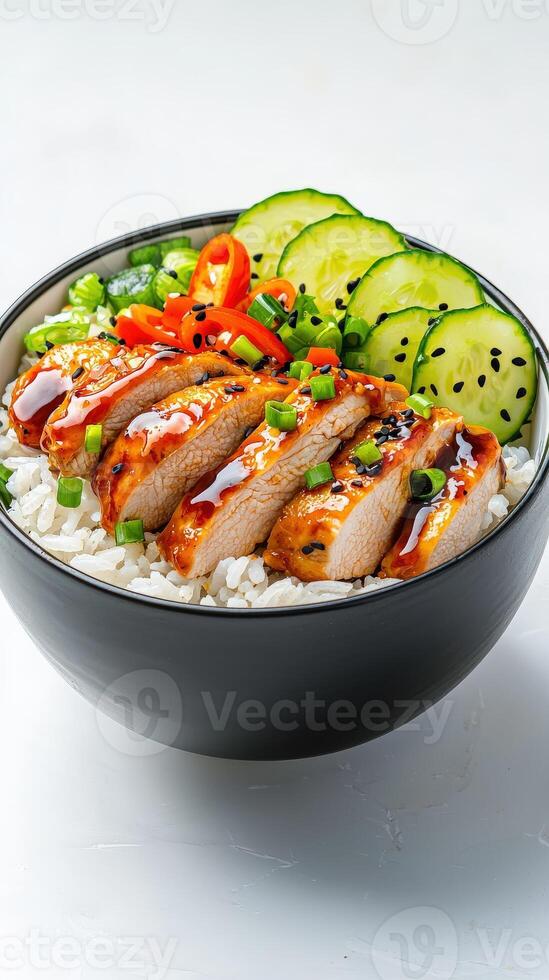 A bowl of rice with chicken, cucumbers and green onions photo
