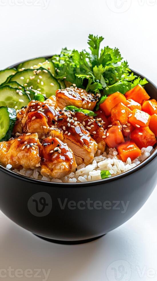 A bowl of rice, vegetables, and chicken with sauce photo