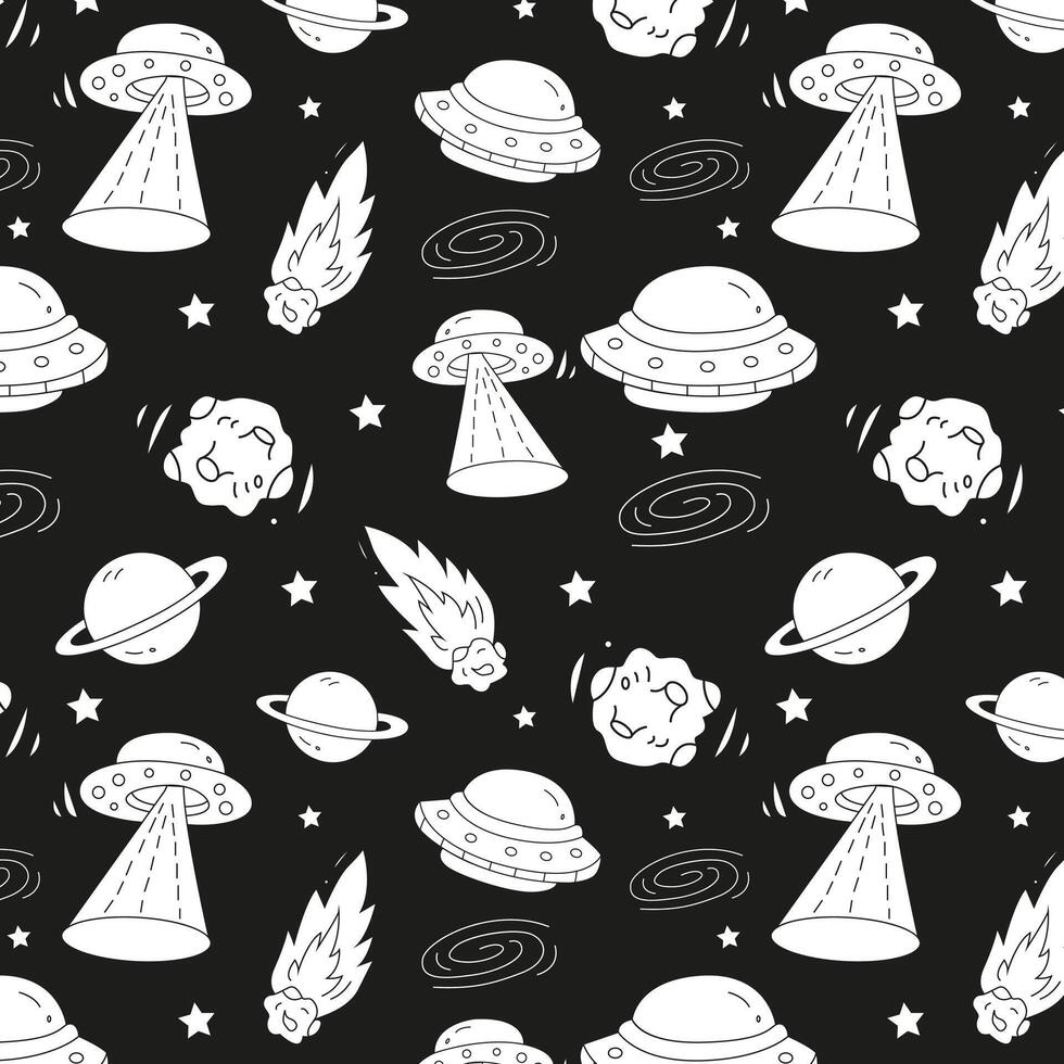 Hand drawn space seamless pattern with flying saucer, rocket, satellite, asteroid, stars. Texture with cosmic elements for print, kids fabric and wrapping paper. Black and white illustration vector