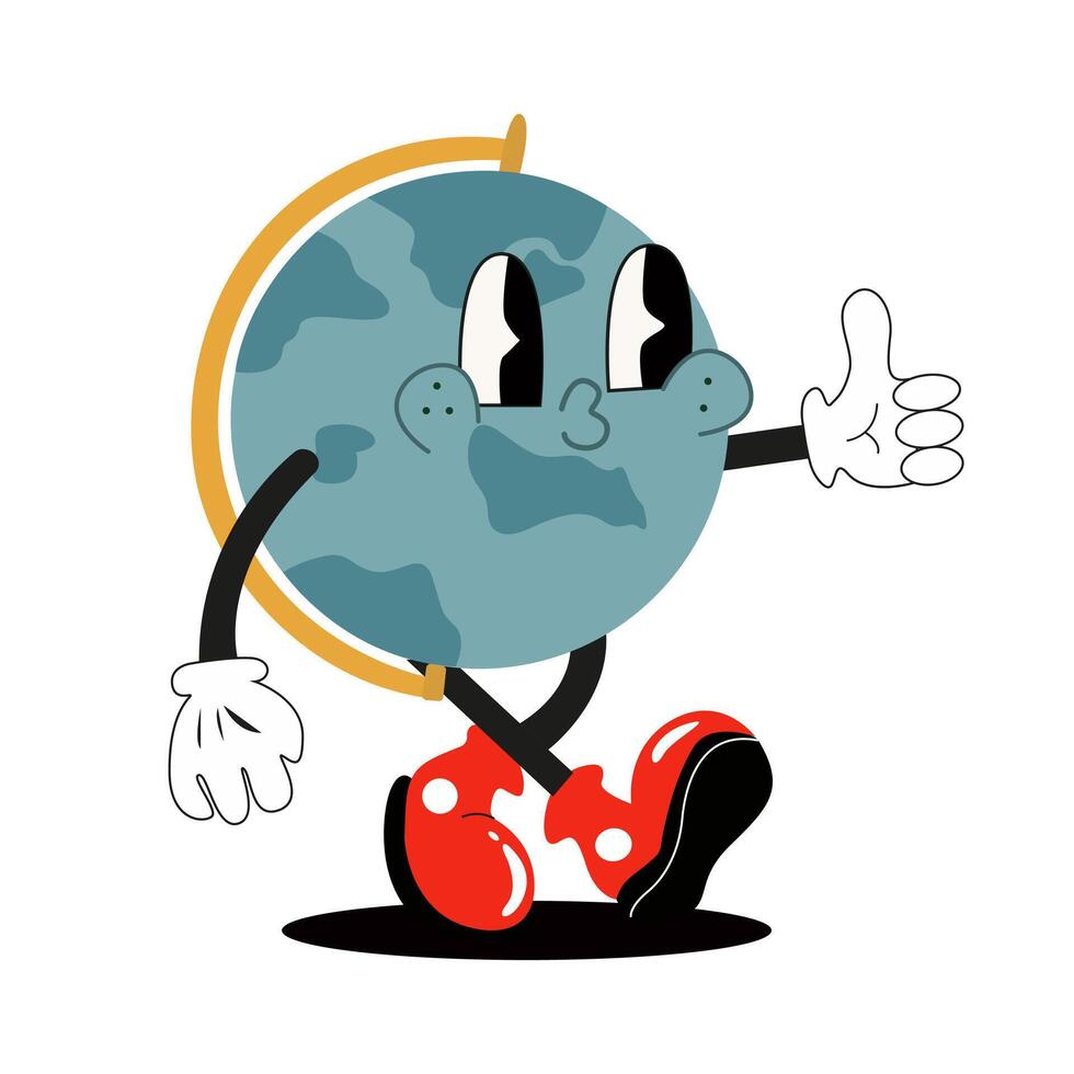 Cartoon globe character mascot. Funny globe in 90s groovy style. Cute funny retro hippie school stationery design. Education sticker, icon, decorative, poster vector
