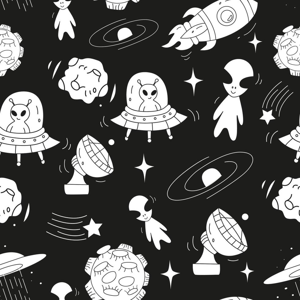 Galaxy seamless pattern with space rocket, UFO, alien creature, asteroid, stars. Texture with space elements for textile, print, kids fabric, wrapping paper. Space exploration vector