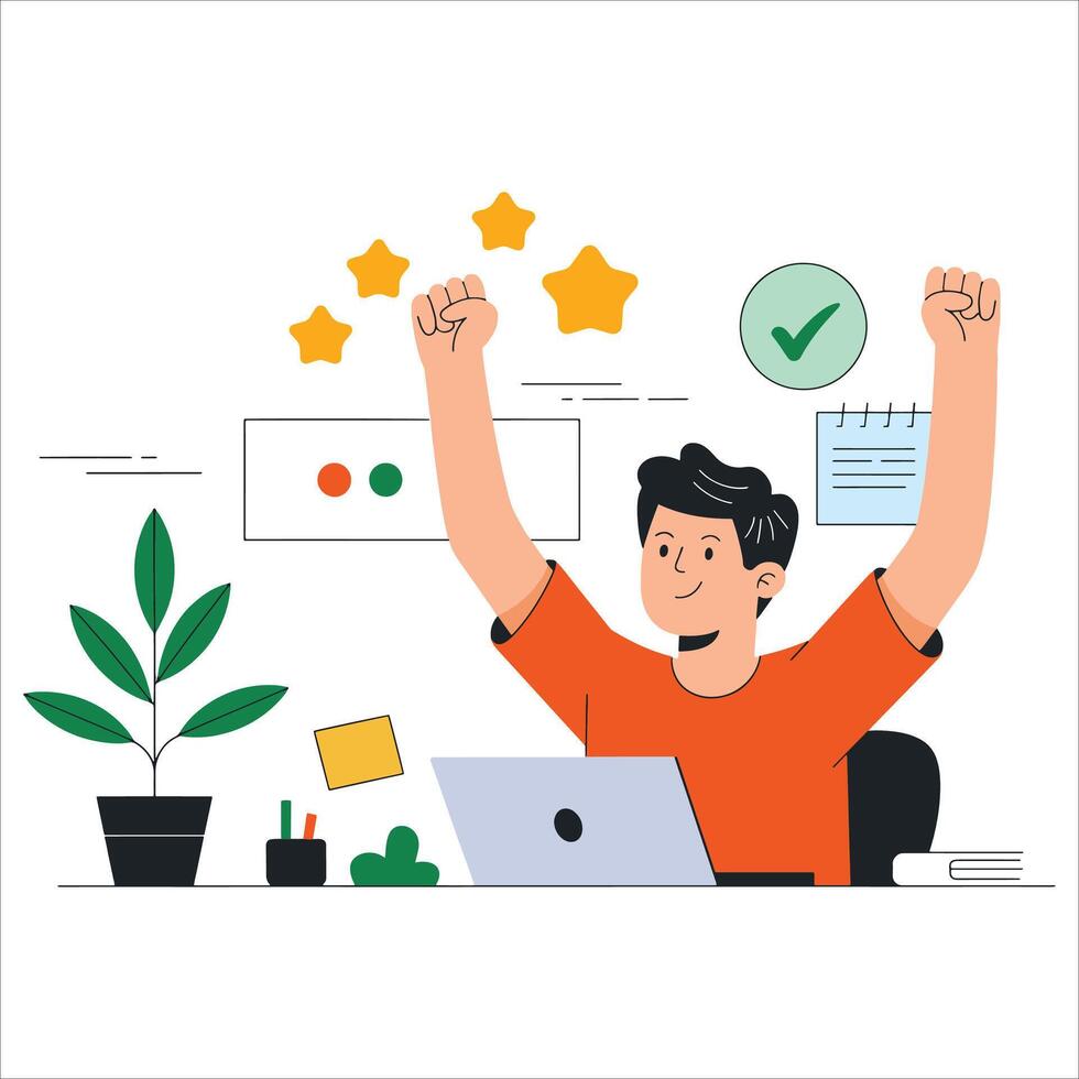 Happy man celebrating task completion. Successful freelancer , ideal for productivity and achievement themes. vector