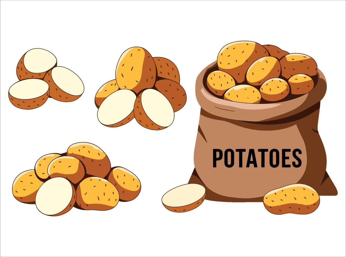 Sack of potatoes with slices illustration. Agricultural product and cooking ingredient artwork. vector