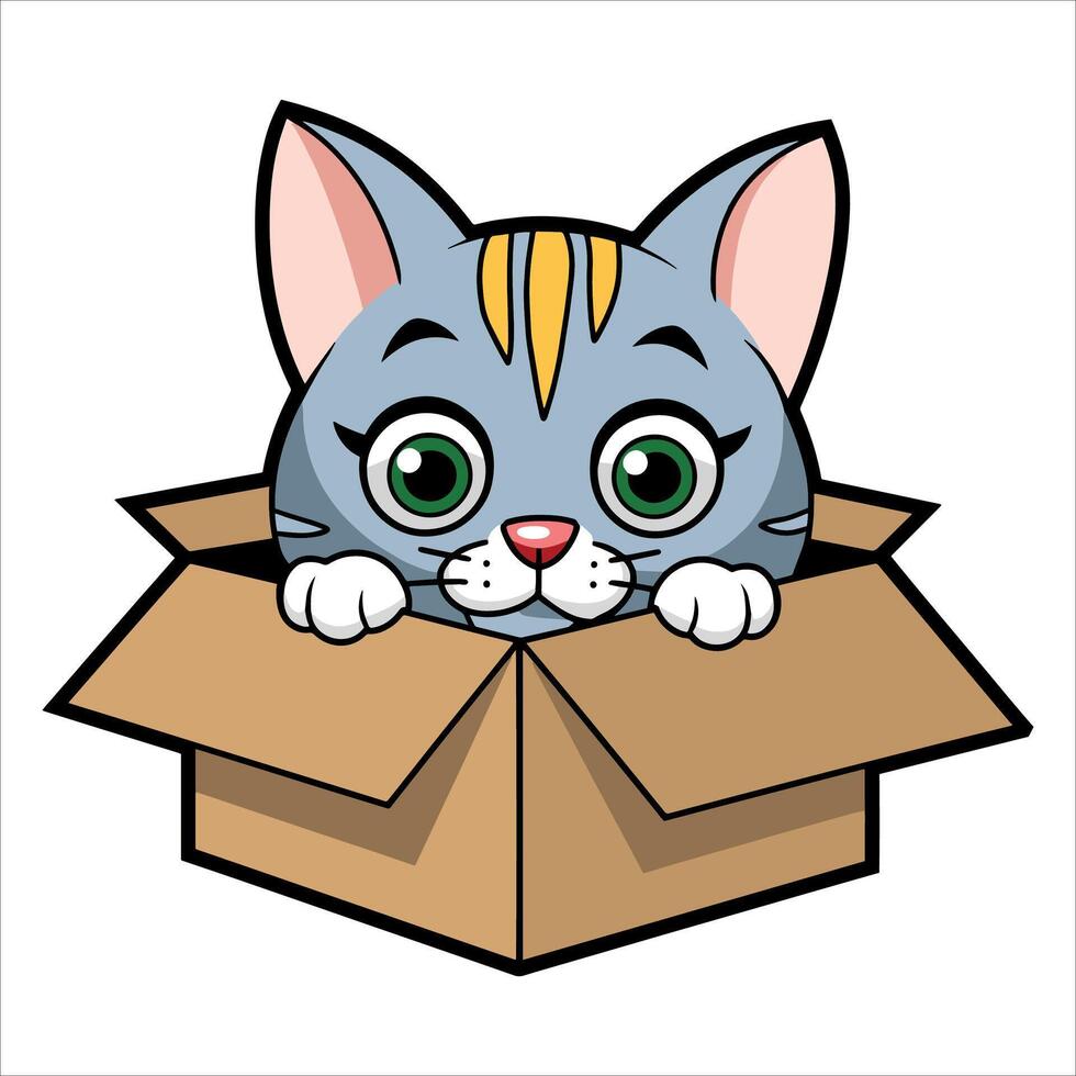 Cat in box cartoon illustration. Playful feline concept perfect for pets and packaging themes. vector