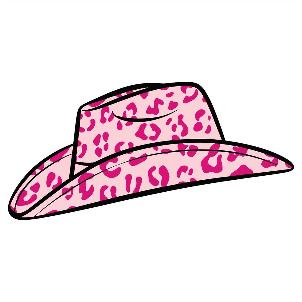Cowgirl hat with pink cow print pattern in Wild West style. Cartoon flat design ideal for western, Texas, and ranch themed projects. vector